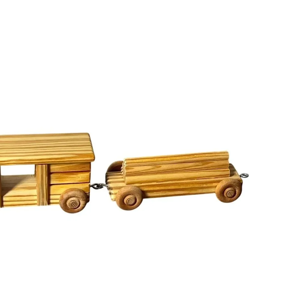 Wooden Train Set Kids Toy Wheeled Engine Cars Flatbed Caboose Wood Four Piece